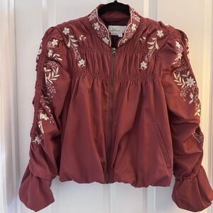 Anthropologie Embroidered Bomber Jacket - Dusty Rose